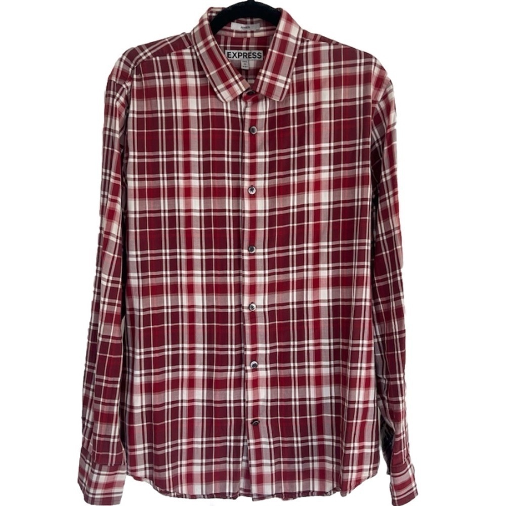 Express Men’s Long Sleeve Plaid Cotton Button Down Dress Shirt Red White Large